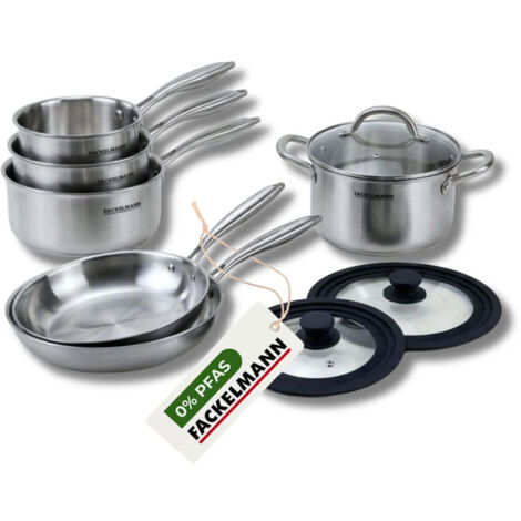 Poêles à Frire 24 et 28 cm, Casseroles 14 16 et 18 cm, Faitout 20 cm inox 18/10 Triply et 2 couvercles Fackelmann Vita3