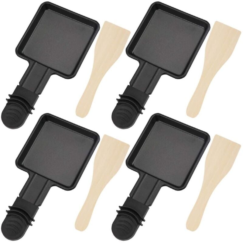 Shining House - Poêlons 4 Pièces Revêtement Antiadhésif Mini Raclette Set avec 4 Pelle en bois Portable Plateau de cuisson pour Fromage Fondu Oeuf