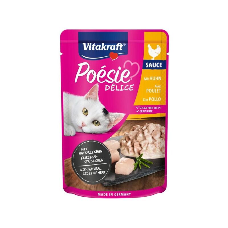 

Vitakraft Bolsita Deli Sauce con trocitos de pollo 85gr Comida húmeda gato