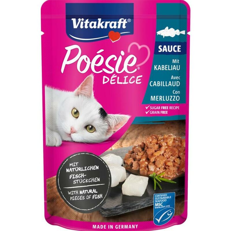 

Vitakraft Bolsita Deli Sauce con bacalao delicatessen 85gr Comida húmeda gato