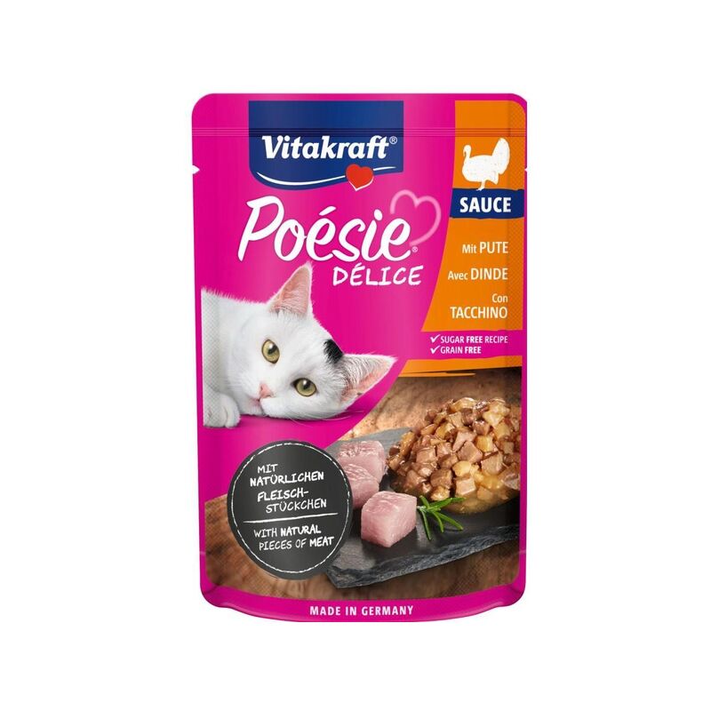 

Vitakraft Bolsita Deli Sauce con jugosa pechuga de pavo 85gr Comida húmeda gato