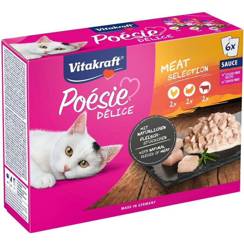 

MULTIPACK Poésie Deli Sauce carne 6x85 gr. (2 uds. pollo /2 uds. pavo/2 uds. ternera) Comida húmeda gato - Vitakraft