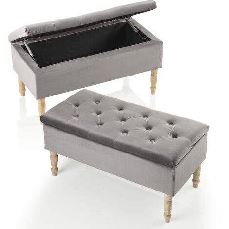 Poggiapiedi Cassapanca Contenitore in Velluto Grigio con Gambe in Legno, 35 Litri 80X39X40 cm