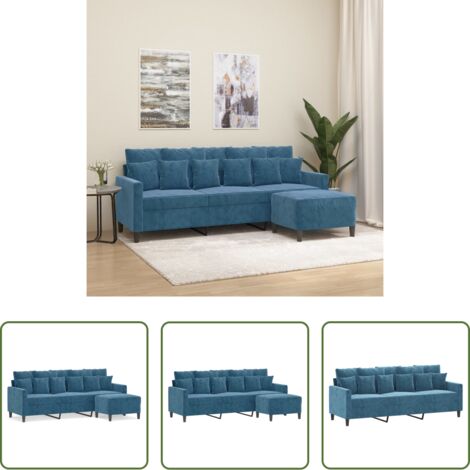 Poggiapiedi -  Divano a 3 Posti con Poggiapiedi Blu 180 cm in Velluto