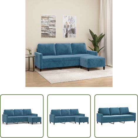 Poggiapiedi -  Divano a 3 Posti con Poggiapiedi Blu 180 cm in Velluto