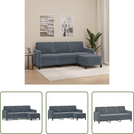 Poggiapiedi -  Divano a 3 Posti con Poggiapiedi Grigio Scuro 180 cm in Velluto