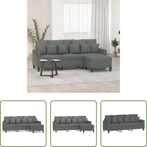 Poggiapiedi -  Divano a 3 Posti con Poggiapiedi Grigio Scuro 180cm in Tessuto
