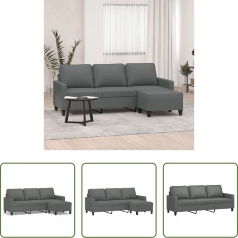 Poggiapiedi -  Divano a 3 Posti con Poggiapiedi Grigio Scuro 180cm in Tessuto
