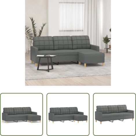 Poggiapiedi -  Divano a 3 Posti con Poggiapiedi Grigio Scuro 180cm in Tessuto