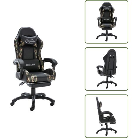 Poggiapiedi retrattile - vidaXL Sedia da Gaming con Poggiapiedi Nera e Mimetica in Similpelle - Cuscino per testa