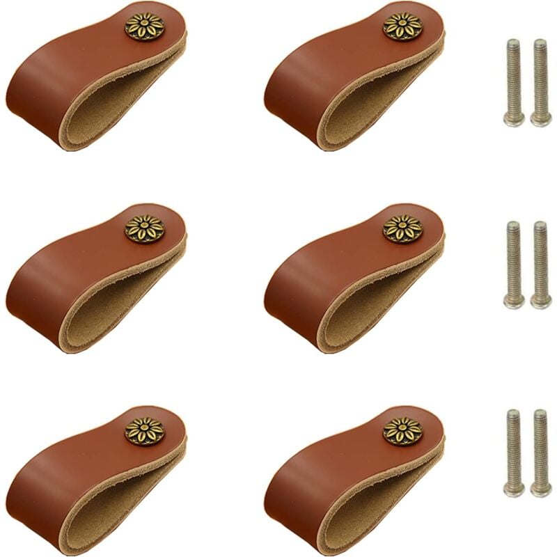 Poignee Cuir meuble Marron 6 pcs Boutons de Meubles en Cuir Véritable, Poignée de Cabinet Poignées de Tiroir avec Vis de 22mm, Poignées de Porte en