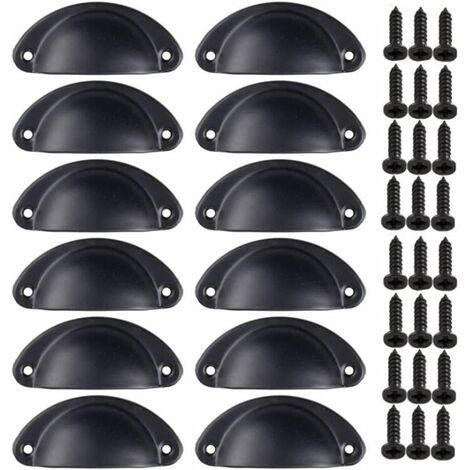 Poignée de coquille vintage pour tiroir et armoire – Lot de 12 – Dimensions 81x35mm – Entraxe 65mm – Finition métal noir – Minetgnon