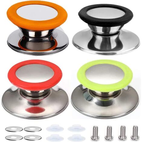 Poignée de couvercle de casserole en silicone et acier inoxydable anti-brûlure, poignée à boucle, poignée de couvercle, accessoires de cuisine, couvercle en verre, ensemble de 4 pièces