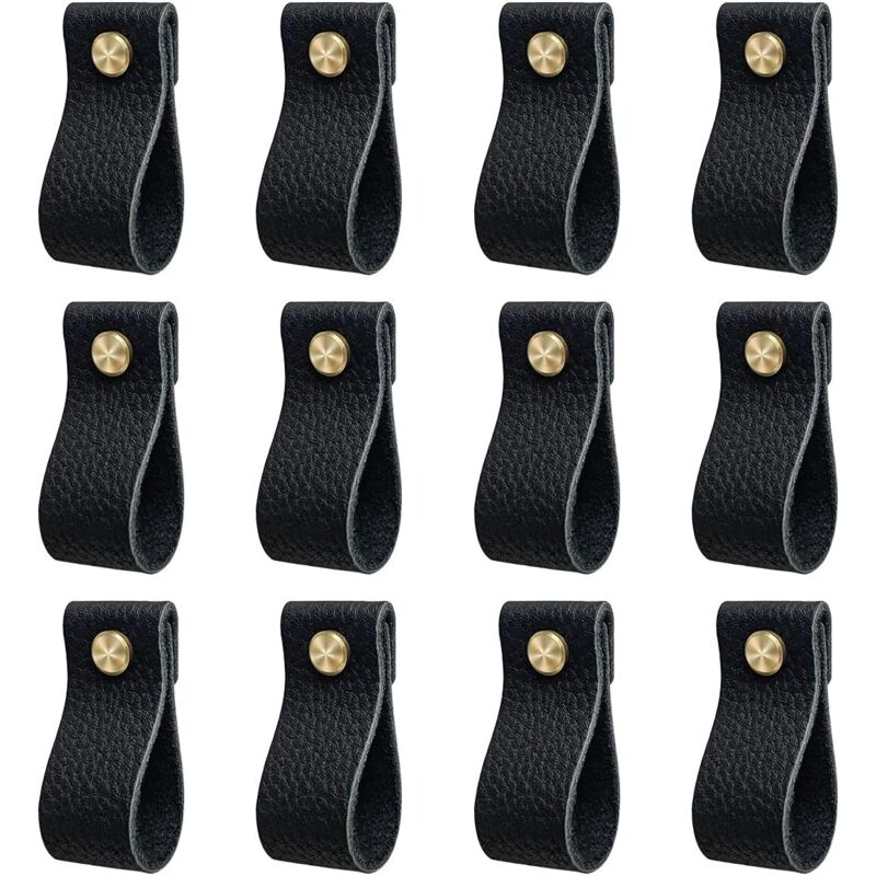 Poignee de meuble cuisine, lot de 12 poignée meuble en cuir, poignée de porte avec écrous vis, anti-collision bouton de porte de armoire tiroir