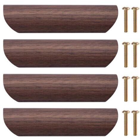 Poignée de Meuble en Bois 4Pcs Poignée de Tiroir Bouton de Porte Cuisine Poignées de Placard en Bois pour Cuisine Armoire Commode Tiroir, 96mm Distance Entre les Trous (Noyer Noir)