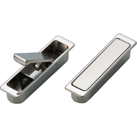 Poignée de meuble escamotable à encastrer – Décor chromé mat – Encastrement 82 x 19 mm – Épaisseur de porte mini 25 mm – Hauteur 100 mm – Largeur 25 mm – Sugatsune