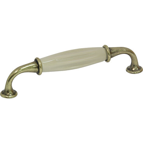 Poignée de meuble fixe en porcelaine sur zamac – Entraxe 128 mm – Décor bronze/beige – Hauteur 36 mm – Largeur 20 mm – Longueur 146 mm – Fosun