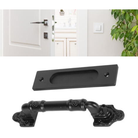 Poignée de Porte Coulissante Métal Noir Sans Trou, Poignée Rustique et Flush pour Portes de Grange, Kit de Montage Complet avec Base et 6 Vis