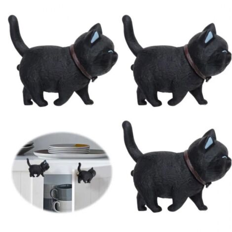 Poignée de porte en forme de chat, poignée de meuble, caoutchouc souple, PVC, tête de chat noir, rotative, 3 pièces