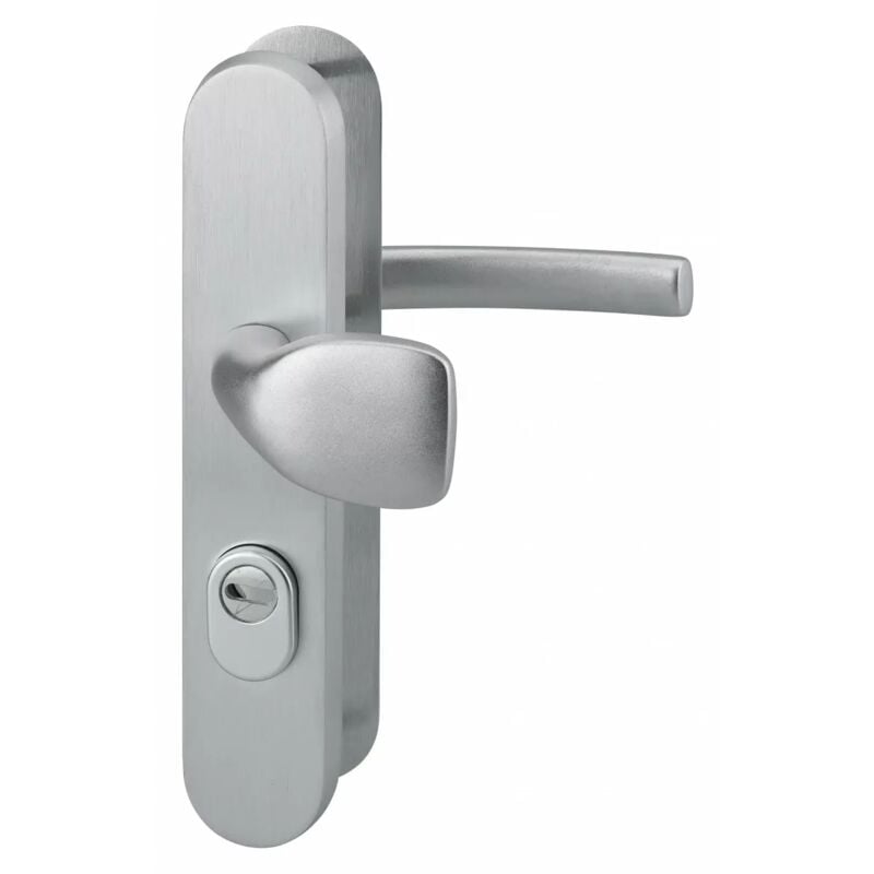 Ensemble de poignées de sécurité palière pour porte d'entrée, béquille et aileron , entr'axes 216mm, anodisé argent