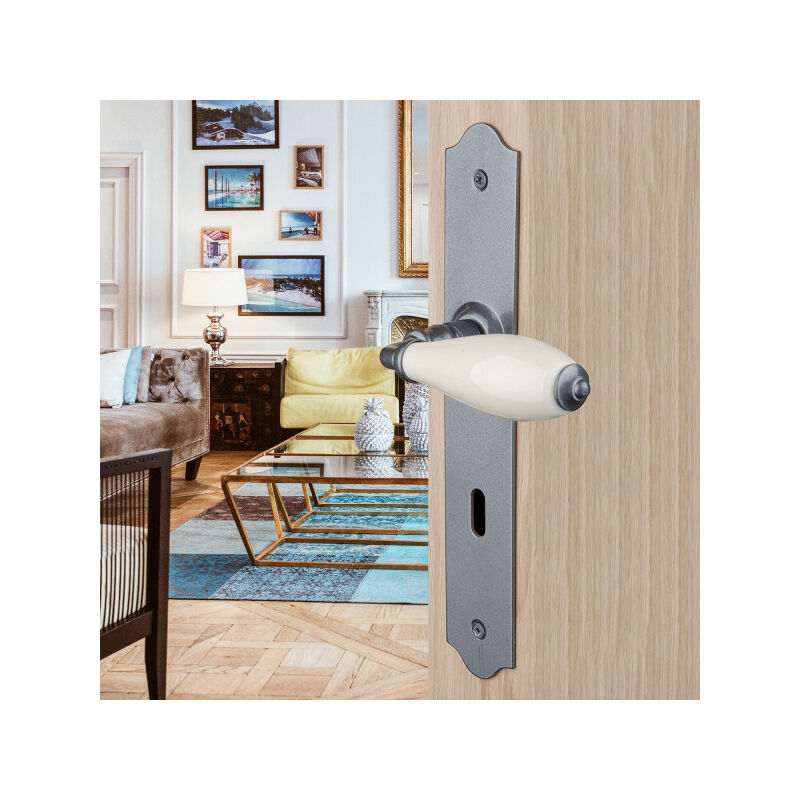 Ouvre&Déco - 2 poignées de porte rustica entrée de clé, fer patiné porcelaine beige entraxe 195 mm