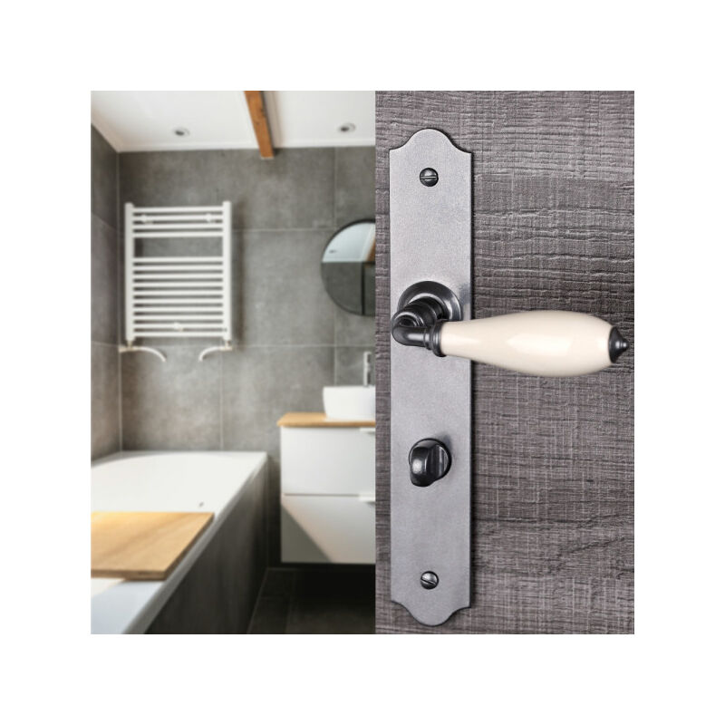 Ouvre&Déco - 2 poignées de porte rustica verrou condamnation, fer patiné entraxe 195 mm