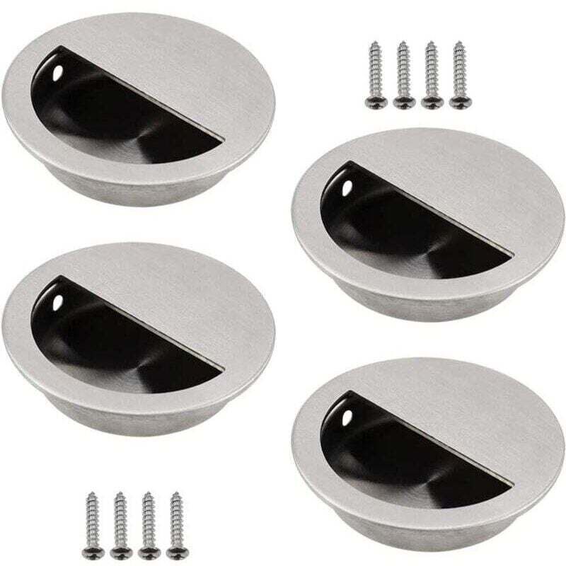 Poignée de porte ronde encastrée, trou semi-circulaire, facile à tirer, diamètre 60 mm, lot de 4, argent