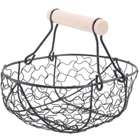 PoignéE en Bois MéTal RéTro Panier Portable Multifonction LéGumes Oeufs éPicerie de Rangement Pratique Organisateur Noir