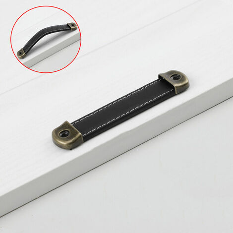 Poignee en Cuir 6 Pièces Meuble Poignées de Tiroirs Placards Cuir Poignée de Porte de Meubles Cuisine Tire Boutons avec Vis Poignee Cuirpour Salle de Bain Armoires de Cuisine Et Porte(Cuir noir, espac