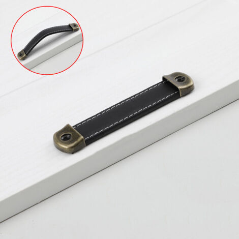 Poignee en Cuir 6 Pièces Meuble Poignées de Tiroirs Placards Cuir Poignée de Porte de Meubles Cuisine Tire Boutons avec Vis Poignee Cuirpour Salle de Bain Armoires de Cuisine Et Porte(Cuir noir, espac