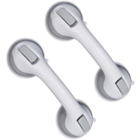Poignées à ventouses, lot de 2, pour douche et baignoire, supporte jusqu'à 25 kg, pour personnes âgées, fixation murale, blanc/gris-AquaForge