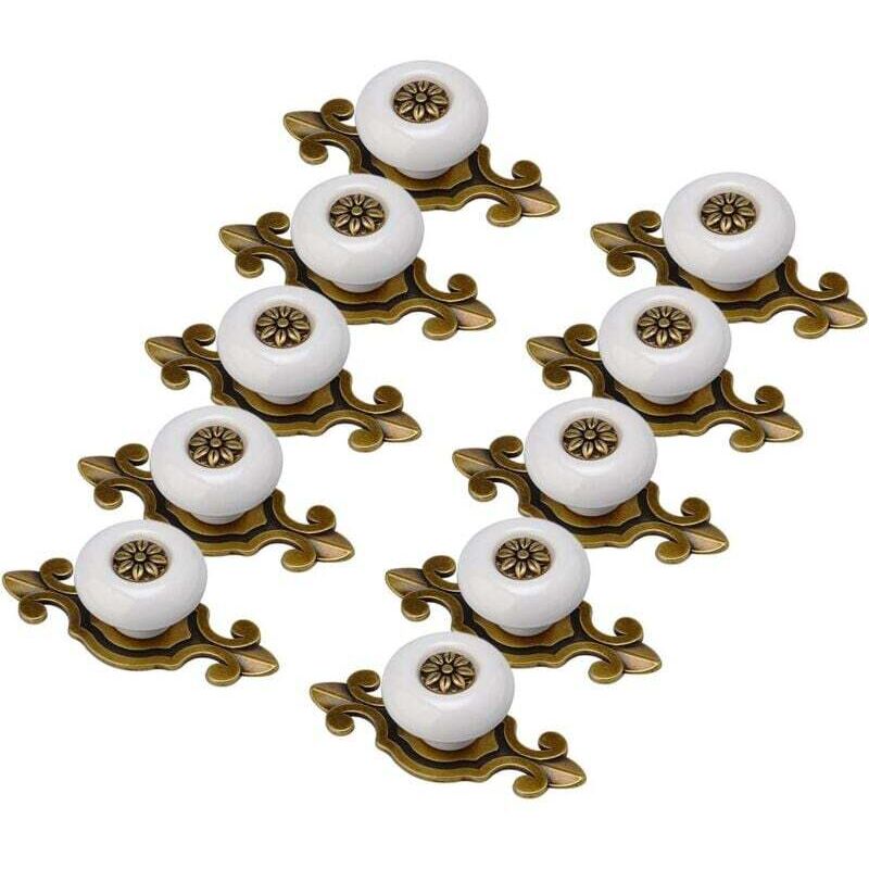 Poignées Armoire 10 Pièces Design Antique Porcelaine Blanche et Vieil Or Boutons Meubles