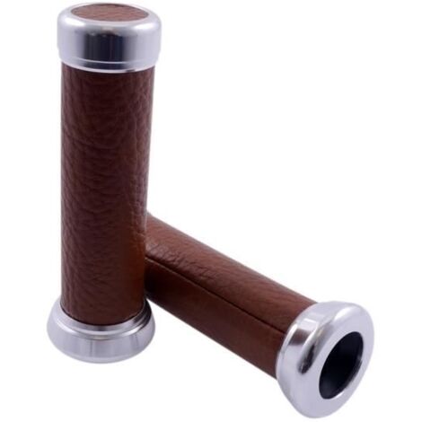 Poignées de guidon Retro Brown Leather - Chrome Scooter mobylette Chopper Motorcycle Quad