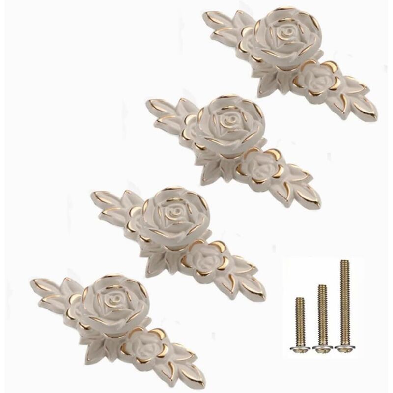 Poignées de meuble blanches de style européen avec garniture dorée - pour coiffeuses, tables de chevet, etc. - Lot de 4, 10,3 x 4,4 cm