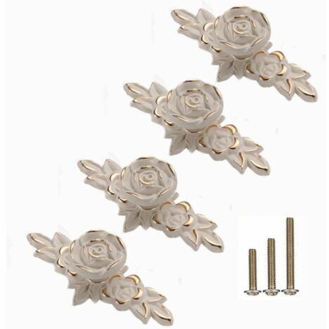 Poignées de meuble blanches de style européen avec garniture dorée - pour coiffeuses, tables de chevet, etc. - Lot de 4, 10,3 x 4,4 cm