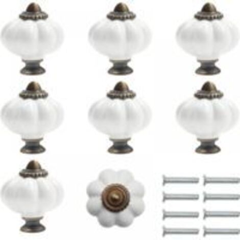 Poignées de meuble rondes vintage en céramique blanche et brune avec vis en forme de citrouille (lot de 8)