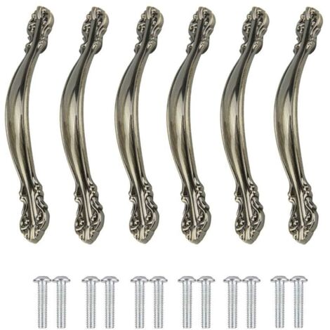 Poignées de Meuble Vintage 6 Pièces - Pour Porte, Meubles, Cuisine, Armoire, Tiroir, Placard - Sculptées en Alliage - Avec Vis, Entraxe de Trous 96mm