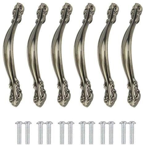 Poignées de Meuble Vintage 6 Pièces - Pour Porte, Meubles, Cuisine, Armoire, Tiroir, Placard - Sculptées en Alliage - Avec Vis, Entraxe de Trous 96mm