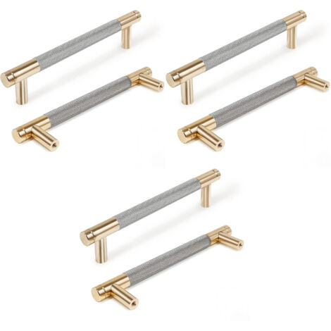 Poignées de meubles moletées, poignées d'armoires de cuisine, poignées de tiroir, entraxe 160 mm, 6 pièces (or + gris)