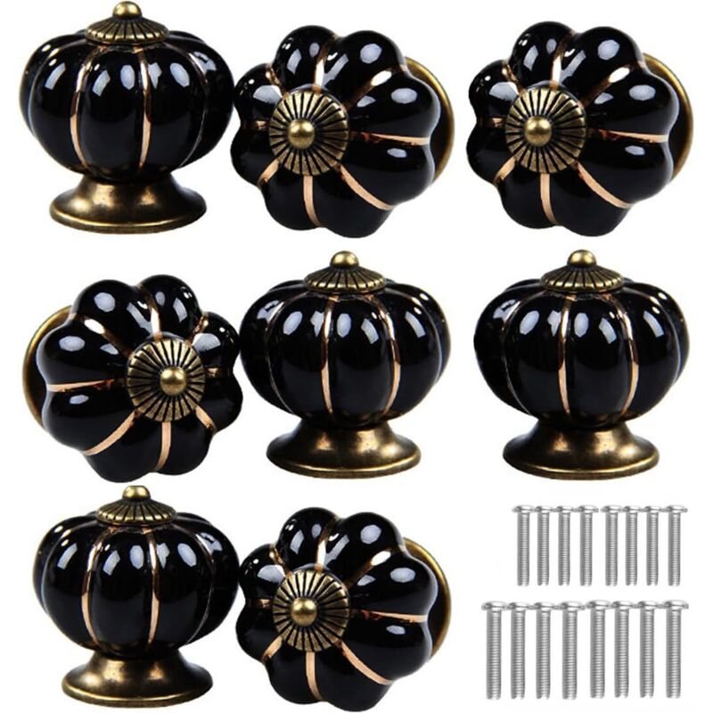 Poignées de porte en céramique en forme de citrouille, convenant aux cuisines, coiffeuses, tiroirs, armoires, etc. (Noir, lot de 8)