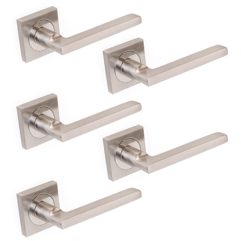 Lot de 5 poignées Perth pour portes intérieures, avec rosace 50x50mm, Aluminium et Zamak, Nickel satiné - Emuca