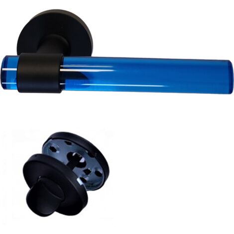 Klose Besser – Poignée de porte d'intérieur bleue en plexiglass cristal – Pieds inox noir – Entraxe 26.5mm – Rosaces rondes noires 53mm