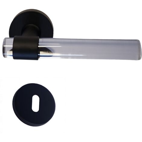 Poignées de porte "JOY"  INCOLORE Plexiglass Cristalline Pied Inox Noir  +1 Paire de rosaces à trou de clé