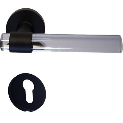 Poignées de porte "JOY" INCOLORE Plexiglass Cristalline Pied Inox Noir +1 Paire de rosaces cylindre