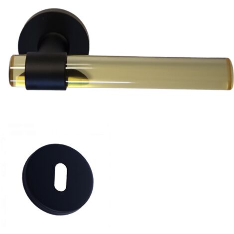 Poignées de Porte" JOY" JAUNES Plexiglass Cristalline pieds inox noirs +1 Paire de rosaces à trou de clé