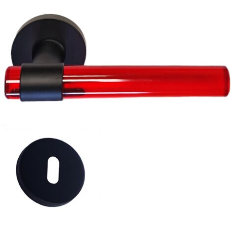 Poignées de Porte "JOY" ROUGES Plexiglas Cristallines sur Pieds Inox Noirs. +1 Paire de rosaces à trou de clé