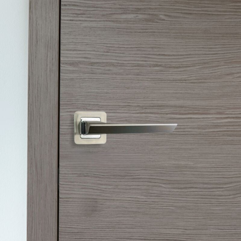 Poignées de porte sur rosace chromées satinées - Modèle Morgan Bec de cane, sans trou Secury-t