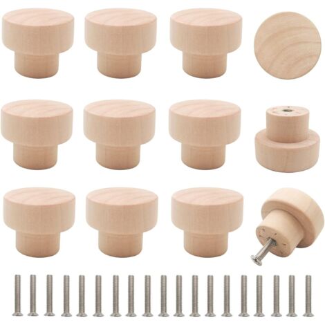 Poignées de tiroir en bois rond M4, 16 boutons plats pour meuble avec vis 35 mm