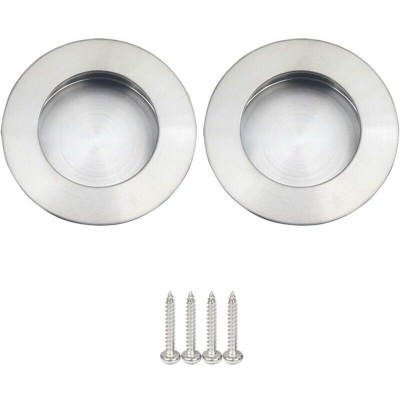 Poignées Rondes Encastrables pour Porte Coulissante Acier Inoxydable Poignée Porte Coulissante Ronde Brossé Satiné （Argent 2pcs 65mm）