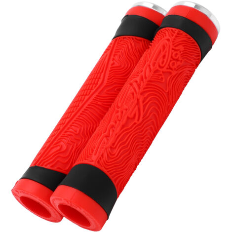 Poignées VTT en silicone rouge avec embouts et protège-guidon